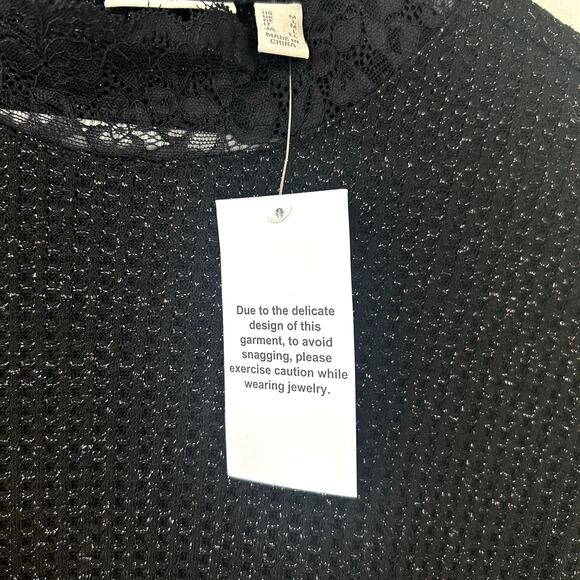 LOGO Lori Goldstein Blouse Size M NWT Waffle Knit Blouse Sparkle Lace Metallic - Picture 5 of 7